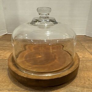 Vintage Goodwood Genuine Teak Wood Cheese Serving Plate Glass Dome